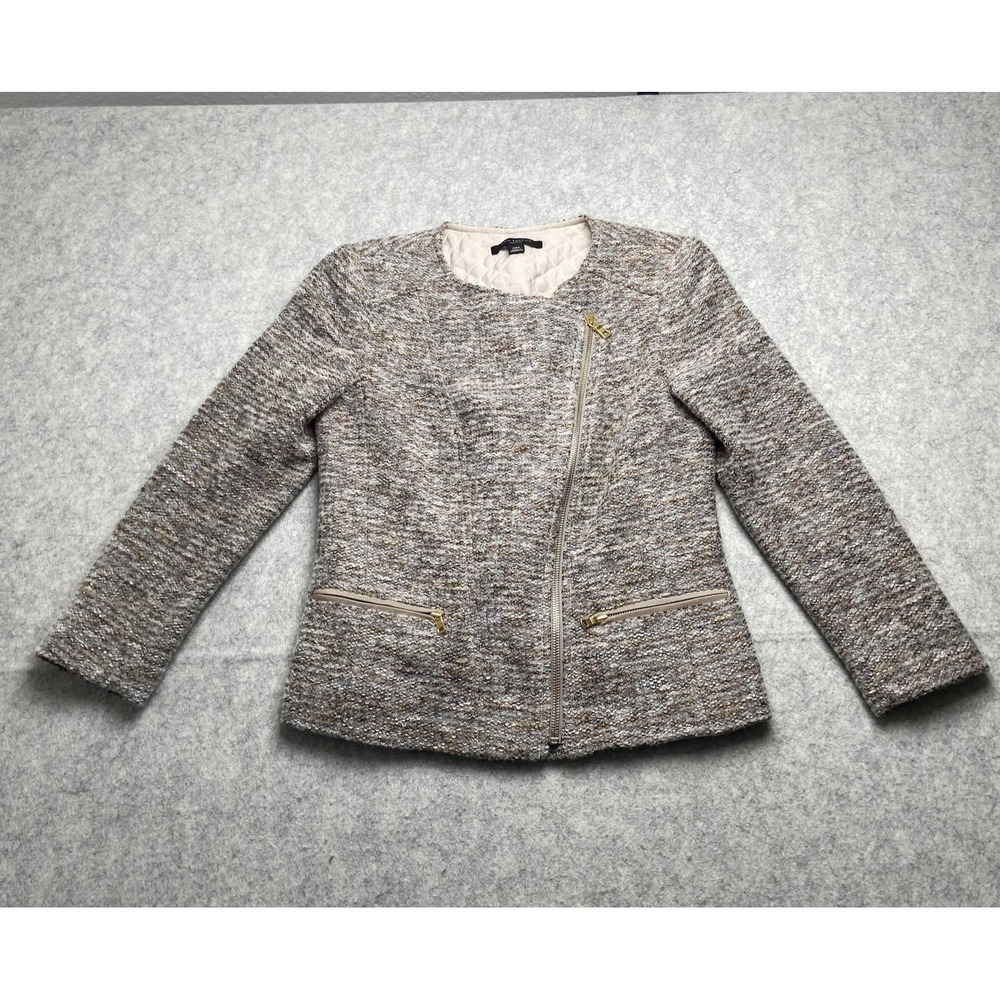 Ann Taylor Jacket Womens 00P Gray Tweed Collarless Moto Zip Biker Short Petite